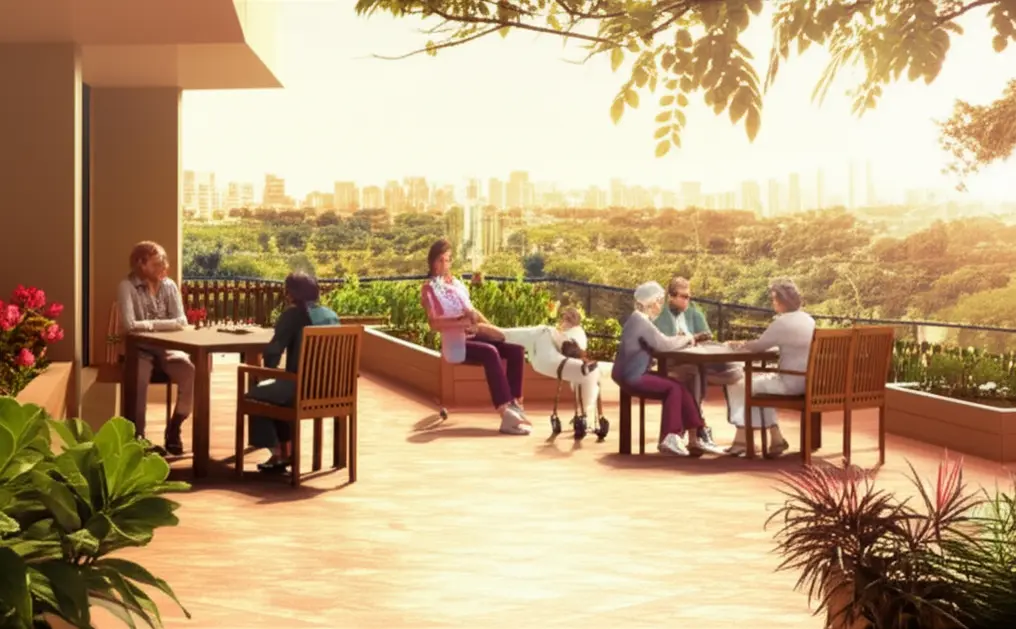 Patio externo de casa de repouso em Cotia com idosos em atividade de socialização e jardim elevado