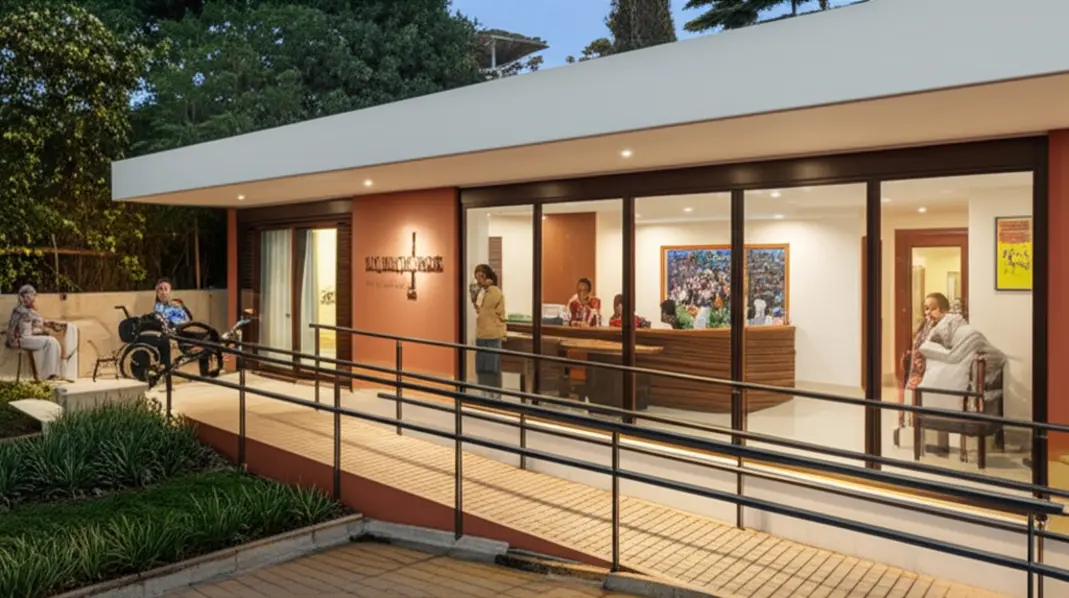 Fachada de casa de repouso com área externa e equipe recebendo visitantes