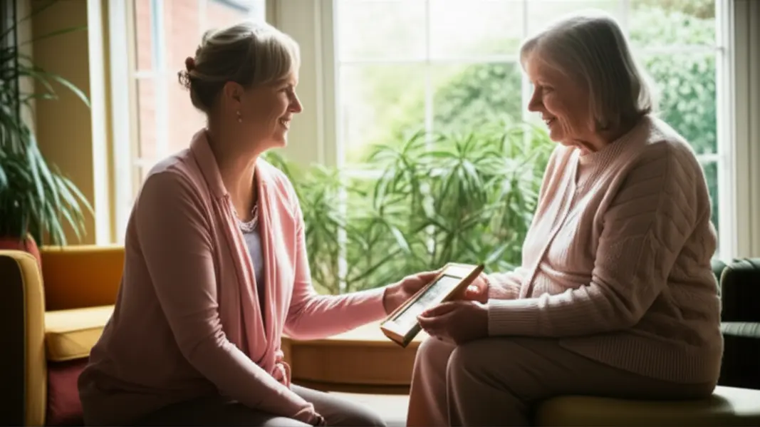 Familiar entregando foto a idoso em ambiente acolhedor de casa de repouso, ambos sorrindo