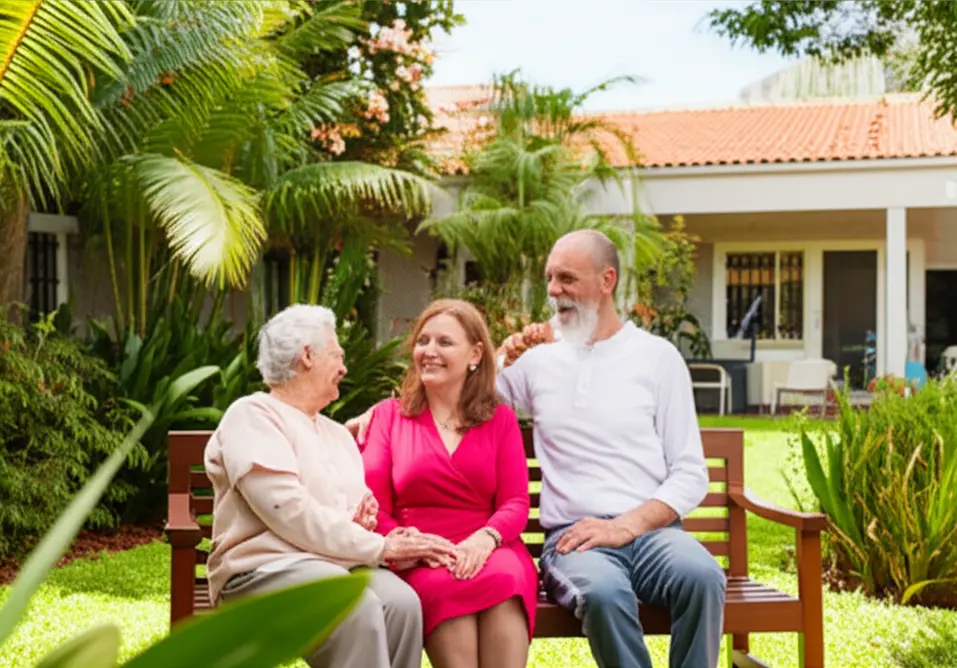 Idoso sentado em banco do jardim de casa de repouso em Cotia acompanhado por familiar