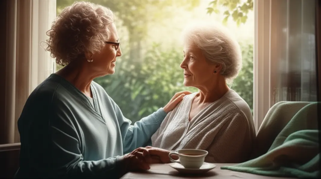 Adulto cuidador ajudando idoso a sentar-se perto de uma janela com luz suave, transmitindo cuidado e serenidade.