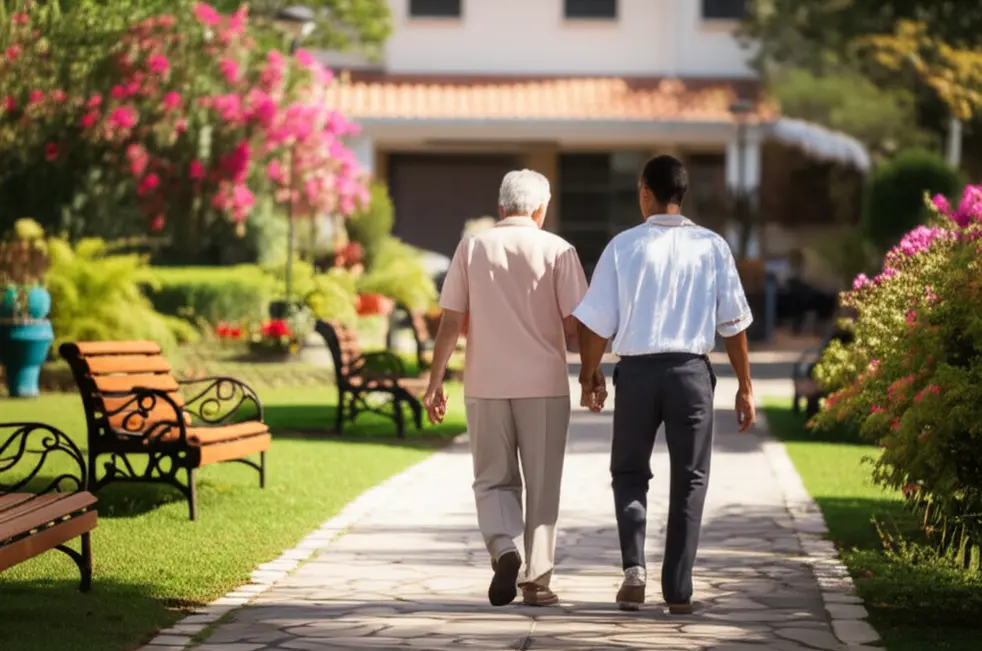 Idoso caminhando com familiar no jardim de uma casa de repouso, mostrando acolhimento e ambiente seguro.
