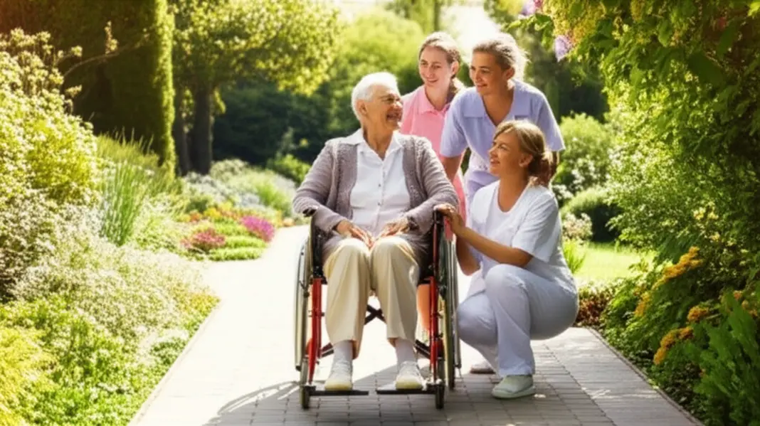 Idoso sentado em jardim da casa de repouso com familiar e cuidador ao lado, demonstrando ambiente acolhedor.