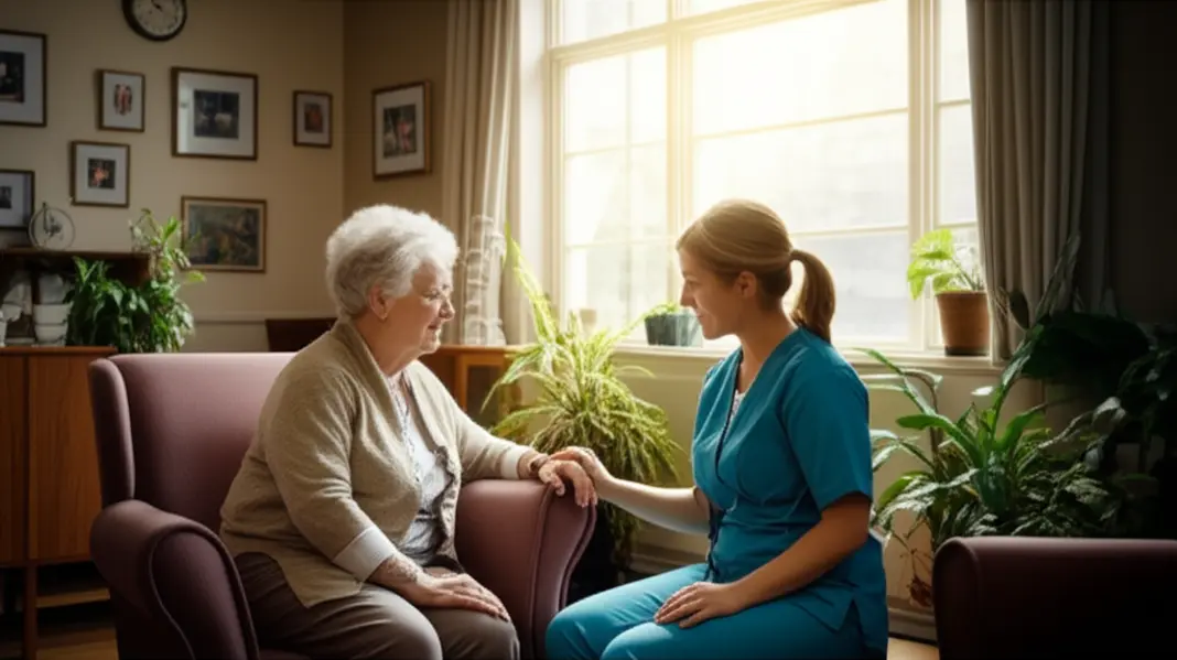 Sala iluminada de casa de repouso com idoso conversando com cuidador, transmitindo cuidado humanizado