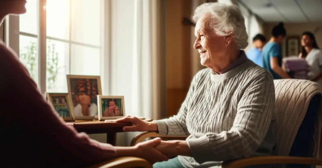 Idoso segurando a mão de familiar em quarto acolhedor de casa de repouso, iluminado pela luz do dia.
