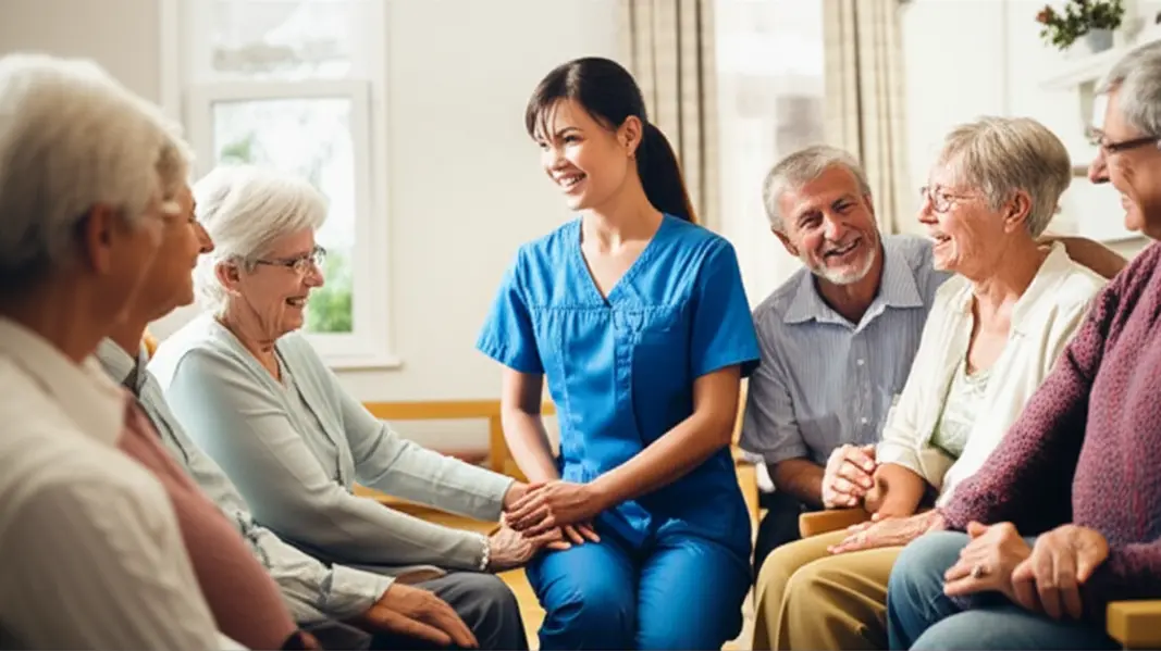 Família reunida com profissional em área comum de residência, ambiente iluminado e acolhedor.