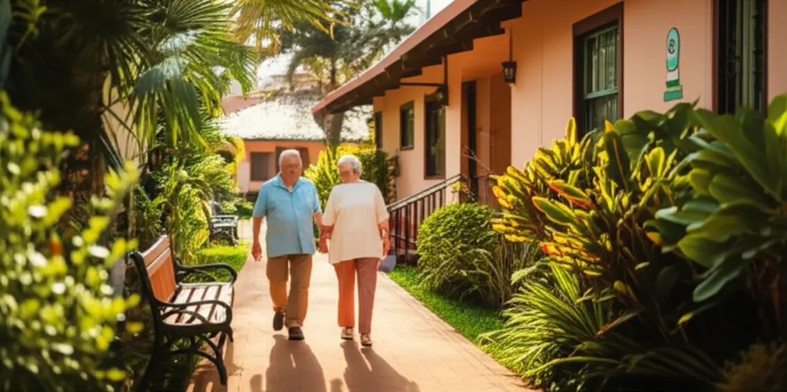 Casal de idosos caminhando de mãos dadas em jardim de casa de repouso