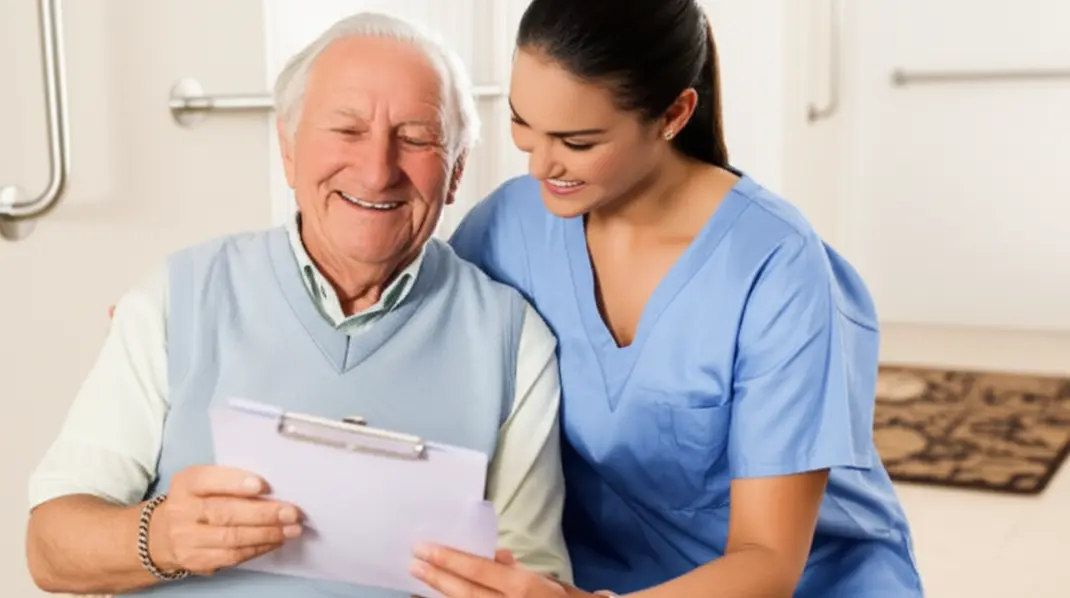 Idoso e cuidador verificando checklist de segurança em sala com adaptações para prevenir quedas.
