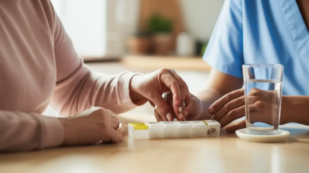 Cuidador e idoso na mesa com organizador de medicamentos e copo de água em ambiente acolhedor