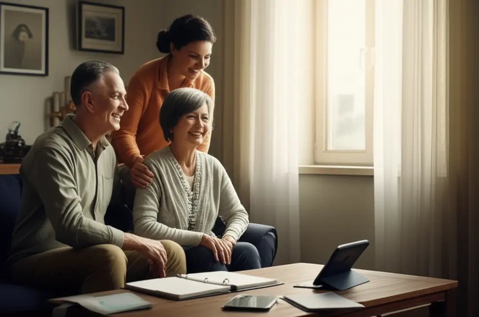 Casal idoso sorrindo com a filha ao fundo segurando um fichário médico, retrato fotorrealista de cuidado familiar.