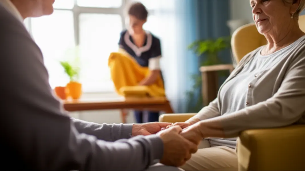 Familiar segurando a mão de um idoso sentado em poltrona em sala de casa de repouso, transmitindo acolhimento.