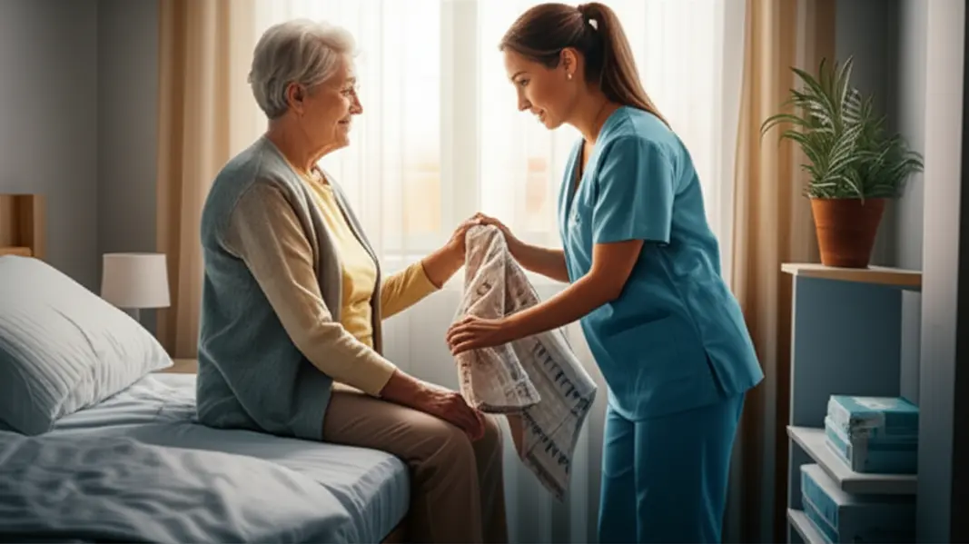Cuidador ajustando cobertor de idoso em quarto acolhedor de casa de repouso, transmitindo respeito e dignidade.