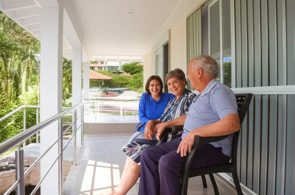 Idoso e familiar na frente de casa com rampa e corrimão, simbolizando adaptações seguras.
